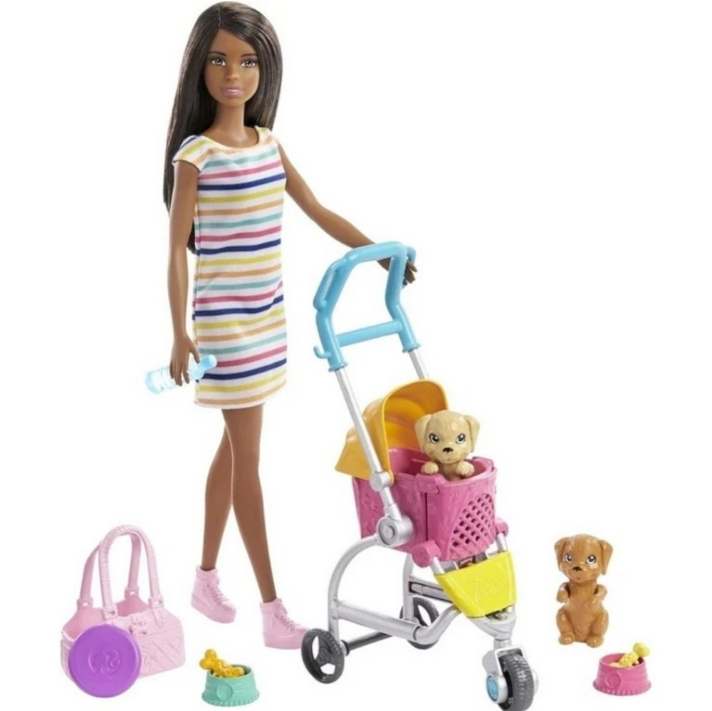 Barbie Stroll and Play Pups Playset Dogwalking Doll and Accessories Brunnet Doll
